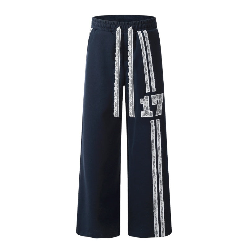 American-style streetwear harem pants Contrast Lace Drawstring Number Wide Trousers
