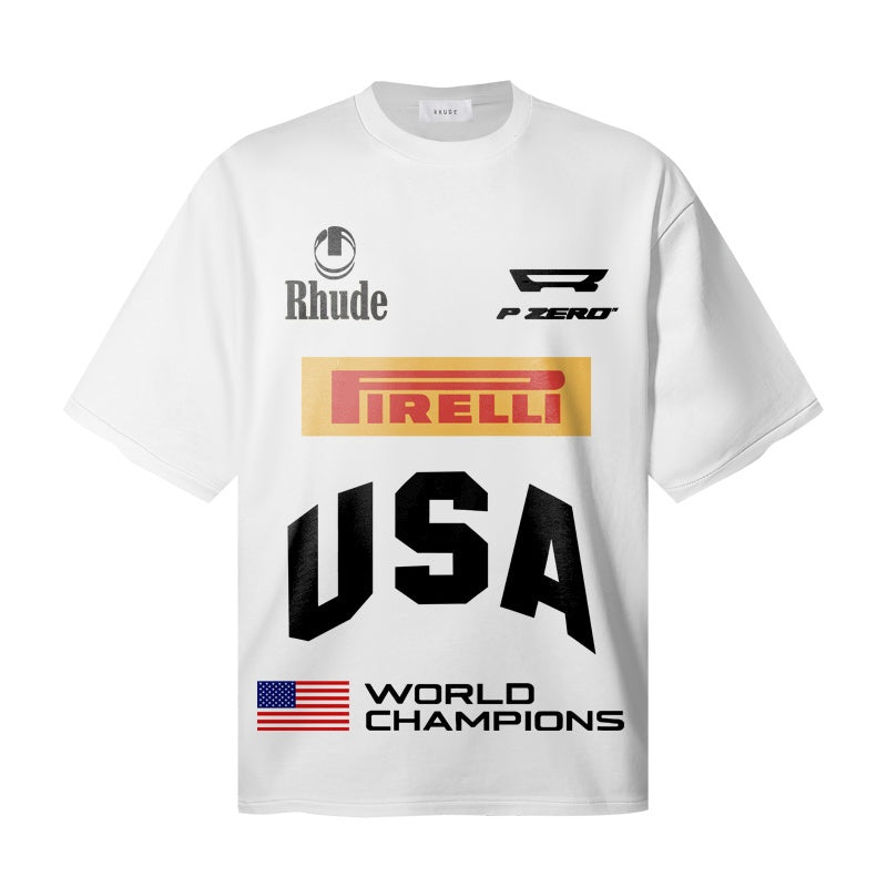 RHUDE T Shirts Vintage Race Flag Letter Motif