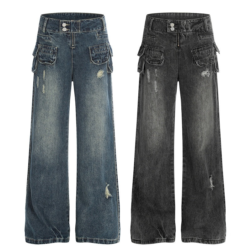 American-style streetwear harem pants Multi Pocket Ripped Vintage Flare Jeans