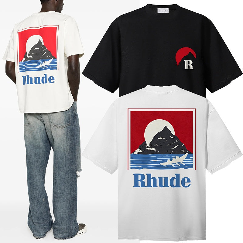 RHUDE T Shirts Vintage Travel Mountain Water Illustration