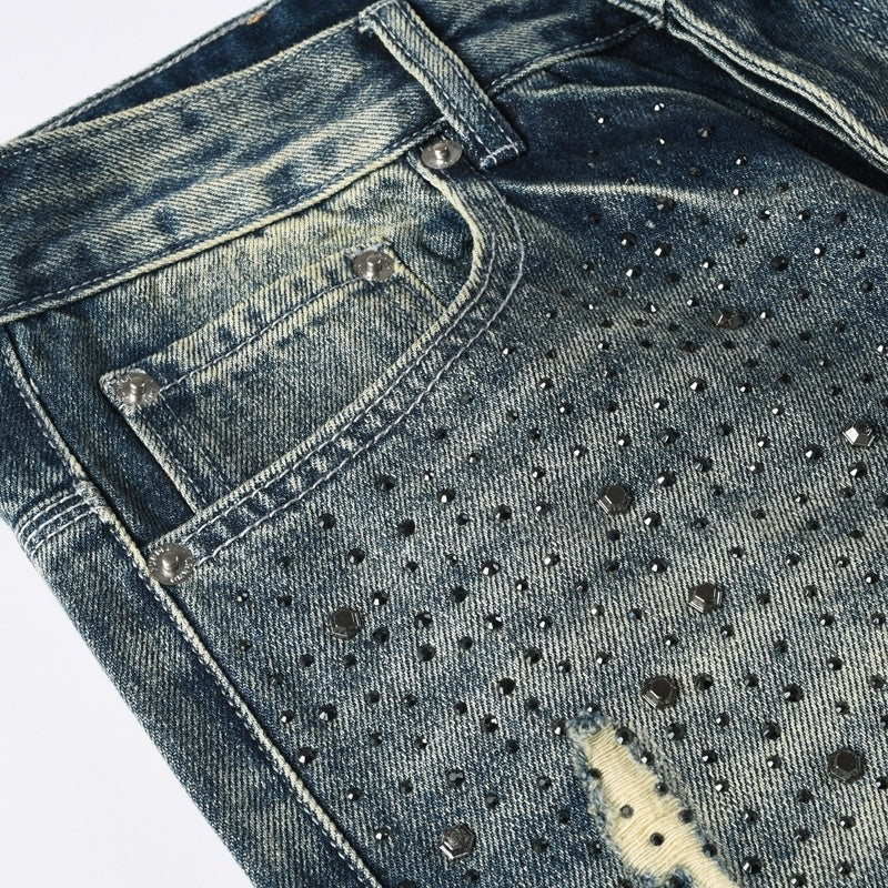 Purple brand Jeans High-quality pure cotton streetwear trousers Rhinestone-embellished loose-fit straight-leg ripped trousers