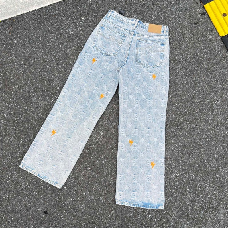 Lightning Pattern Jeans High-quality high-street pure cotton trousers