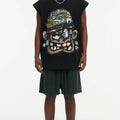 BIG FACE Drop-Shoulder Tank Top High-street vintage style featuring a small neckline, white-ink digital direct-to-garment (DTG) printing, and a heavy-duty, distressed wash finish; crafted from 260g double-yarn plain-knit fabric.