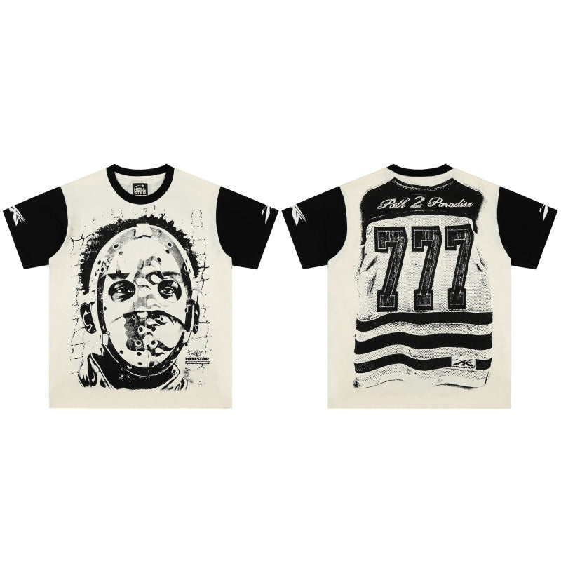 Vintage-style American T-shirt Monochrome Masked Figure Raglan Portrait Print