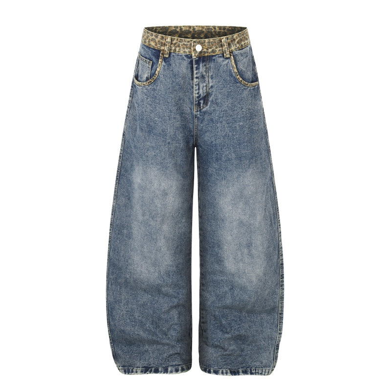 American-style streetwear harem pants Faded Leopard Waistband Relaxed Barrel Denim