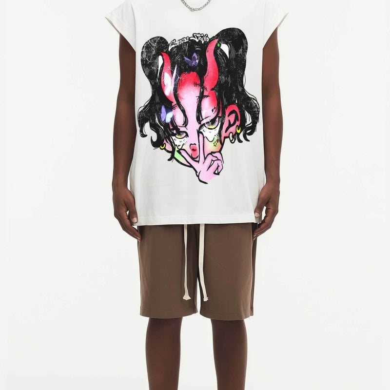 BIG FACE Drop-Shoulder Tank Top High-street vintage style featuring a small neckline, white-ink digital direct-to-garment (DTG) printing, and a heavy-duty, distressed wash finish; crafted from 260g double-yarn plain-knit fabric.
