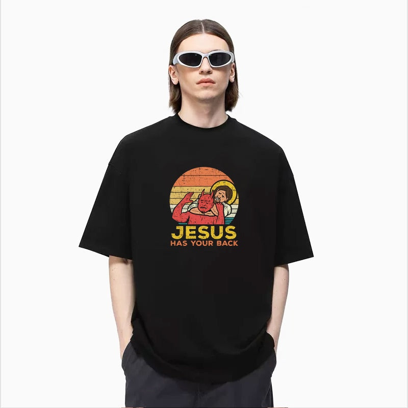 Mens T-shirt Vintage American-style Quirky and playful—God is right behind you.