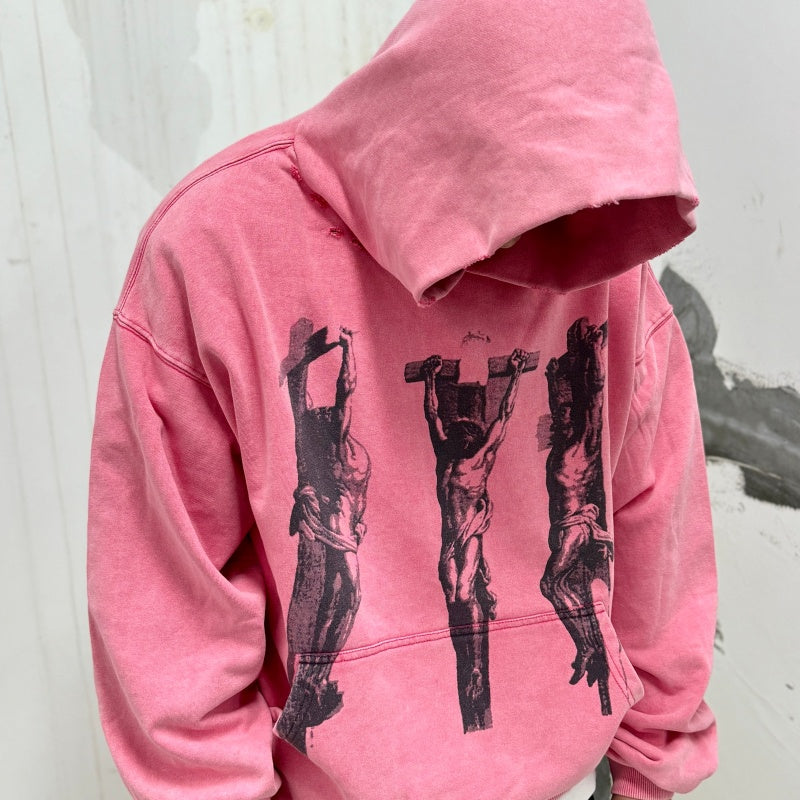 Unisex Vintage Hoodie "Three Jesus" Limited Edition Washed & Distressed Hoodie — featuring multi-area hand-distressing, custom fabric matched to the original in texture and color, and a heavyweight enzyme-washed finish for a faded, vintage look.