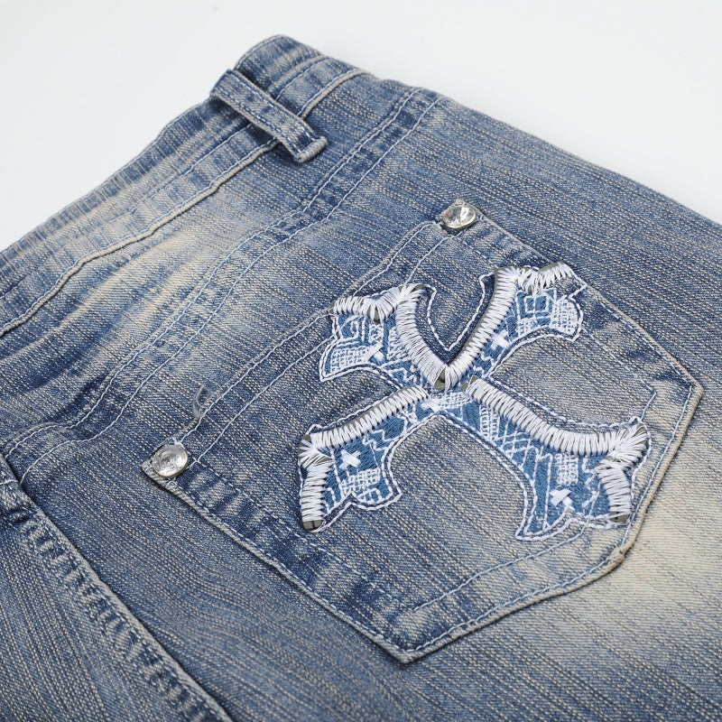 American-style streetwear harem pants Back Pocket Embroidered Motif Retro Flare