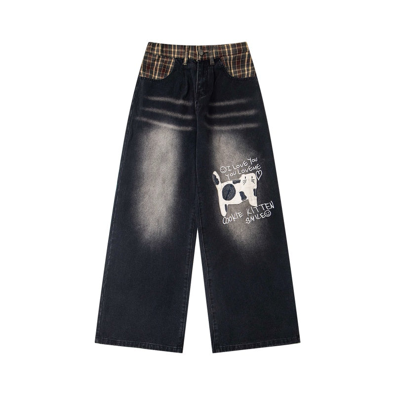 Street-style vintage jeans Retro Casual Loose-Fit Straight-Leg Trousers with Cute Cat Graphic and Contrast Waistband