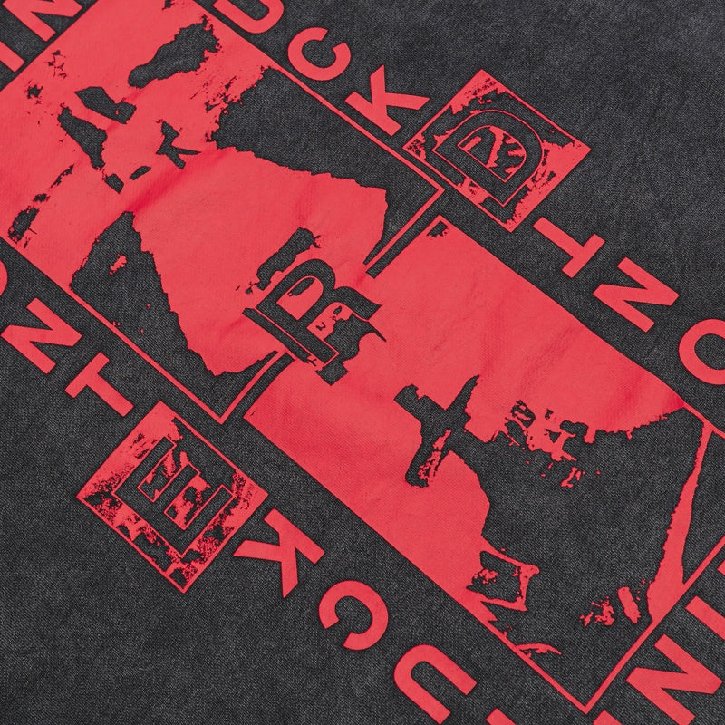 ERD Hoodie Stone Washed Dark Layer Front Red Geometric Figure Print Sleeve & Back Vertical Text Graphics