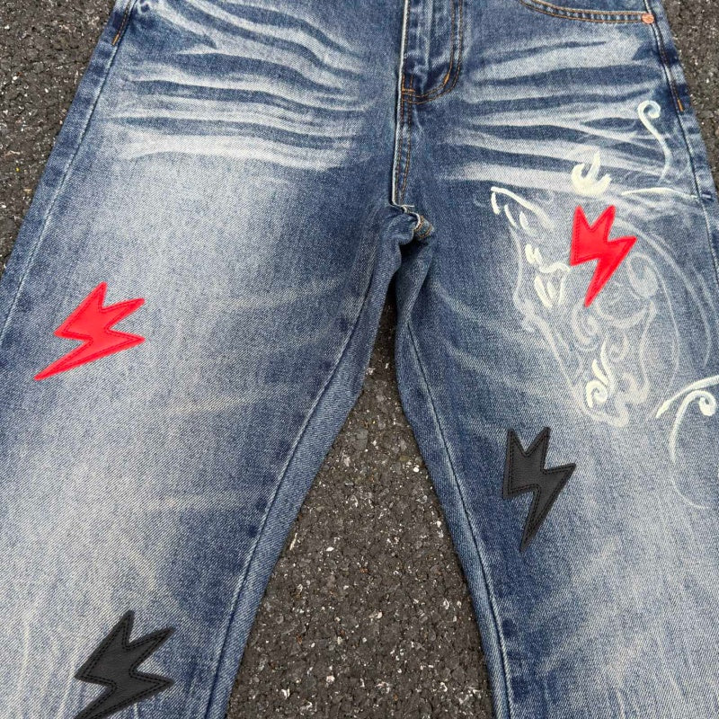 Lightning Pattern Jeans High-quality high-street pure cotton trousers