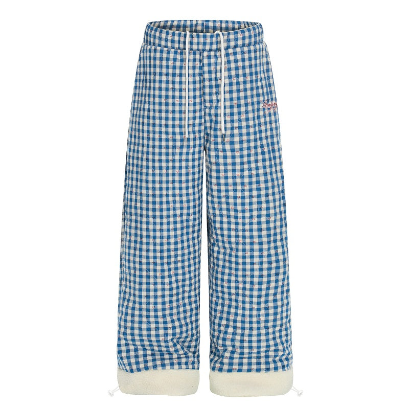 American-style streetwear harem pants Red & Blue Check Plush Lined Wide Cotton-padded trousers