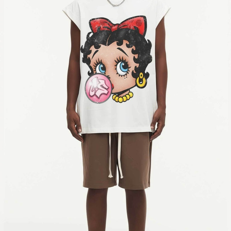 BIG FACE Drop-Shoulder Tank Top High-street vintage style featuring a small neckline, white-ink digital direct-to-garment (DTG) printing, and a heavy-duty, distressed wash finish; crafted from 260g double-yarn plain-knit fabric.