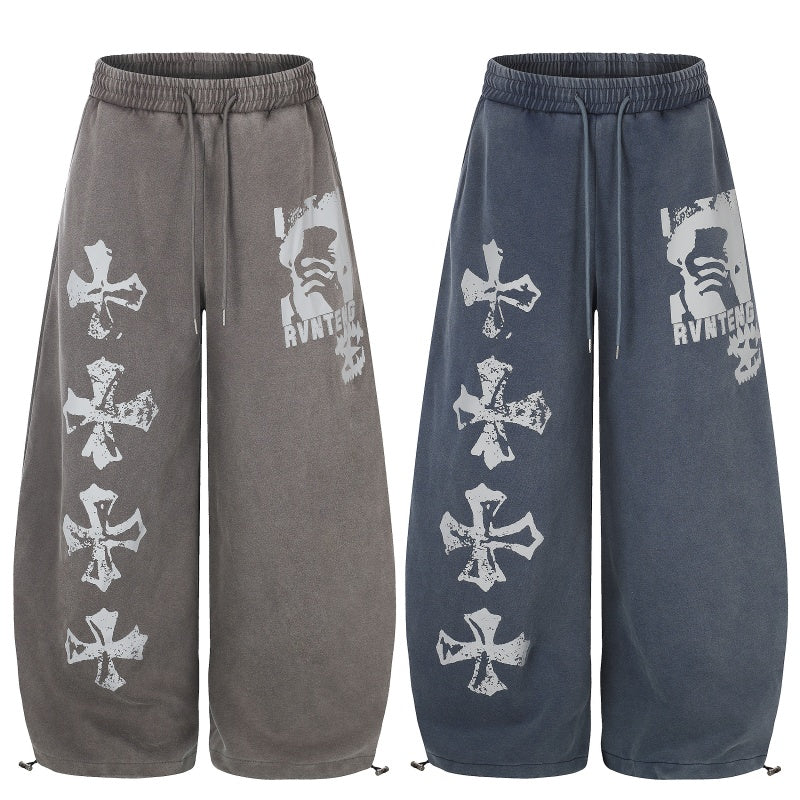 American-style streetwear harem pants Faded Cross Graphic Loose Sweat Trousers