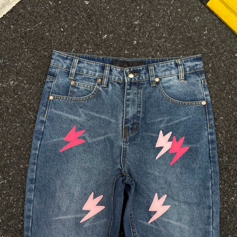 Lightning Pattern Jeans High-quality high-street pure cotton trousers