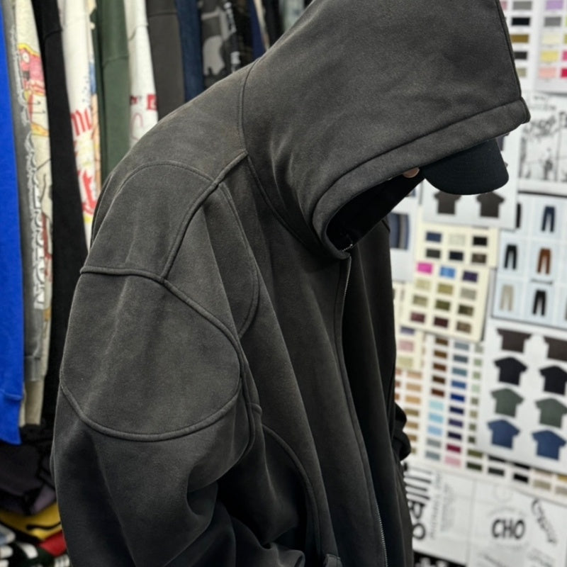 Unisex Vintage Hoodie ENFANTS RICHES DEPRIMES SS25: Oversized, relaxed-fit layered outerwear featuring a metallic, "dirty-style" spray-wash and distressed finish.