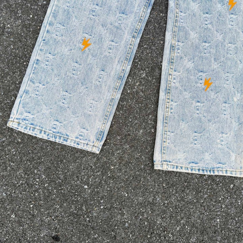 Lightning Pattern Jeans High-quality high-street pure cotton trousers
