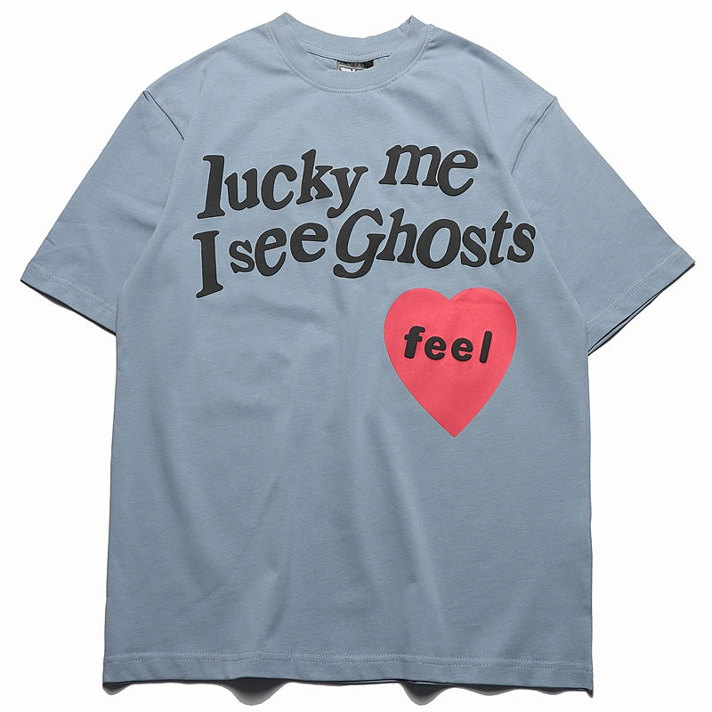 Mens T-shirt Vintage American-style Short-sleeved tee with red heart puff print (as worn by Kanye and Ouyang Nana
