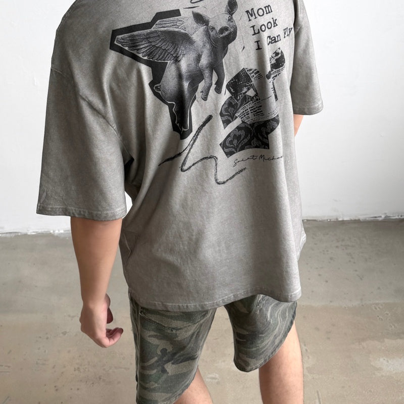 Unisex Vintage T Shirts SAINT MICHAEL x CHO "Omnipotent" Limited Edition – High-Street Short-Sleeve Tee featuring Direct-to-Garment (DTG) white ink printing, heavy-duty distressed wash finish, and a unique cement-grey colorway.