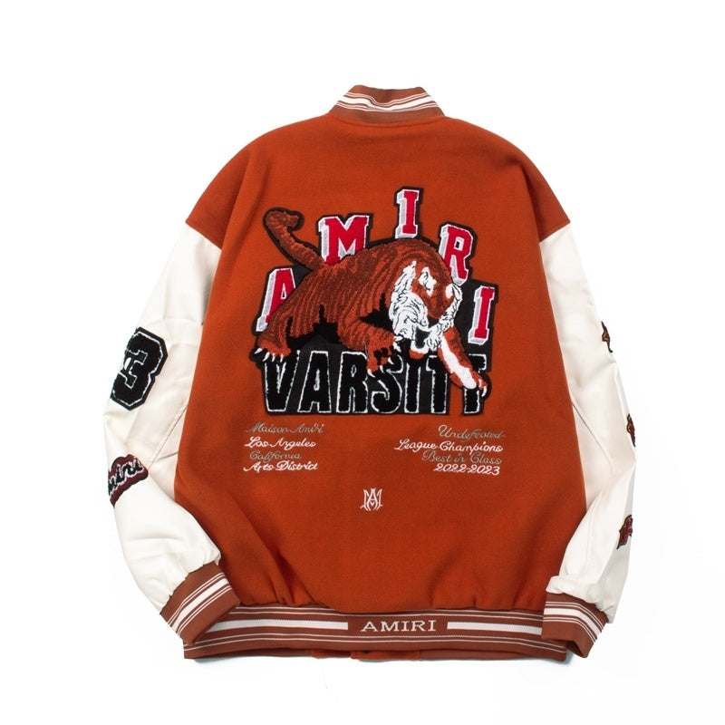 American-style baseball jacket Unisex Streetwear-Style Cardigan with Embroidered Tiger Motif
