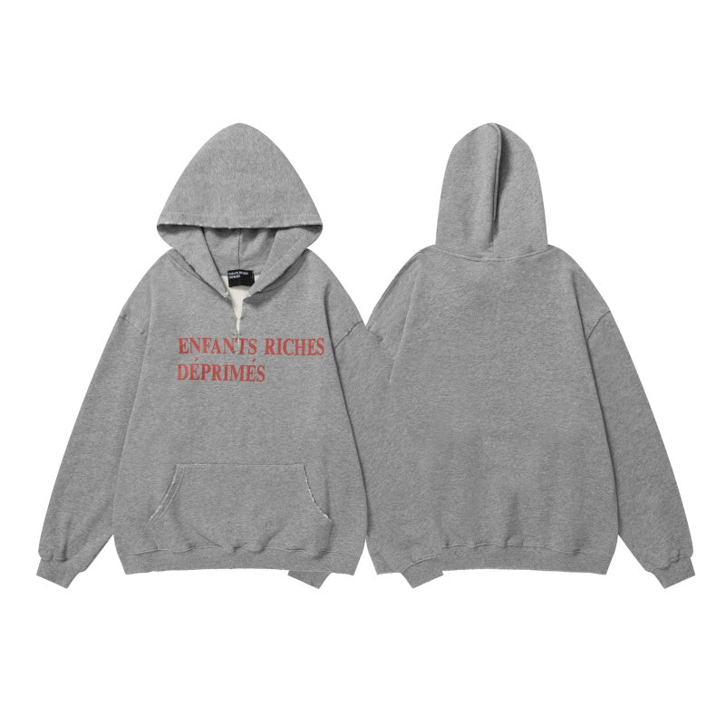 ERD Hoodie Light Gray Half-Zip Loose Top Minimal Red Script Chest Graphic