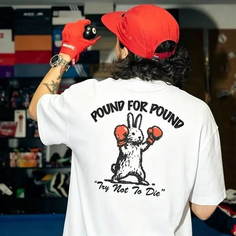 Mens T-shirt Vintage American-style Super cute boxing rabbit