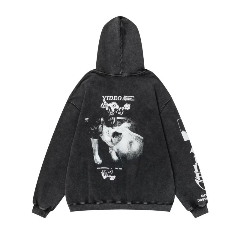 ERD Hoodie Washed Black Pullover Pink Vertical Letter Figure & Sleeve Print