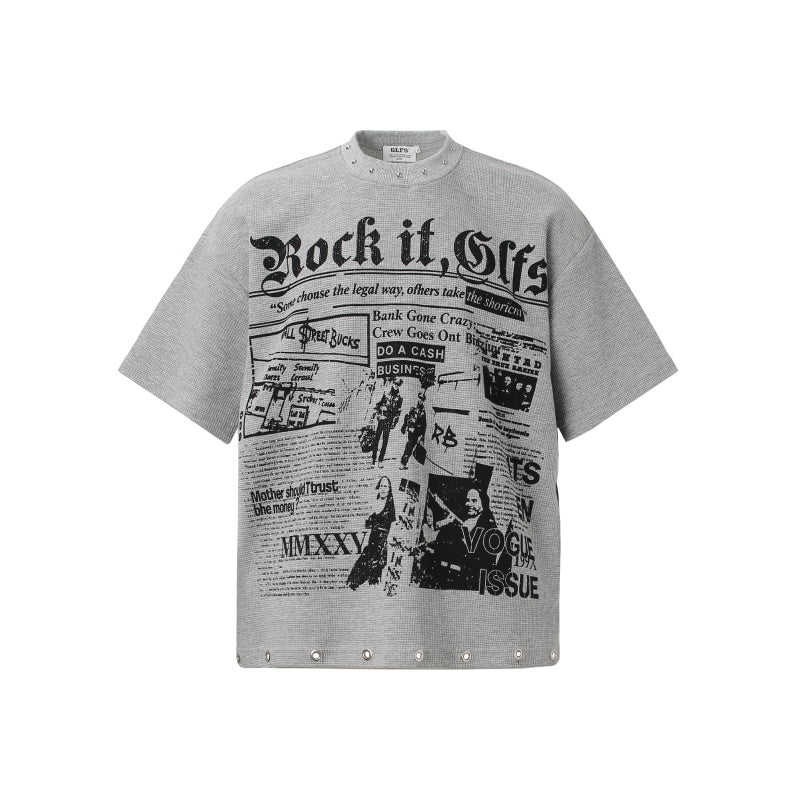 Unisex vintage T-shirt  gray-white waffle fabric with rivets