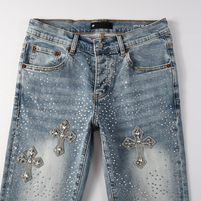 Purple brand Jeans High-quality pure cotton streetwear trousers Rhinestone cross