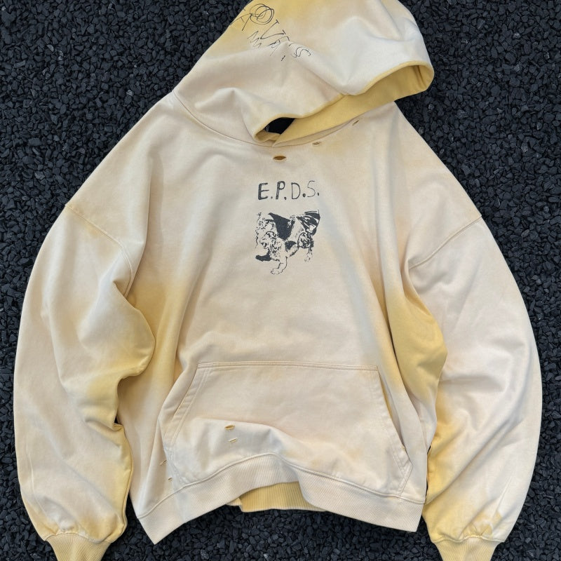 Unisex Vintage Hoodie PalyHollywood SS25 “EPDS” Exclusive: Washed & Distressed Hoodie. Features multi-zone handcrafted distressing and a heavyweight "Asut" enzyme-milled wash finish.
