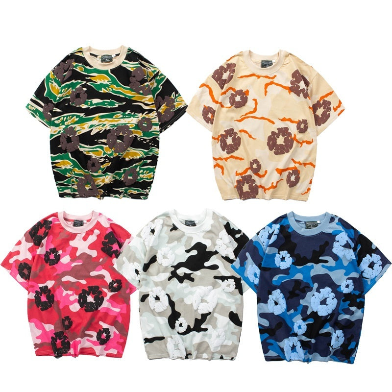 Denim Tears T Shirts Y2K Camouflage Cotton Wreath Floral Puff Printed Oversized Streetwear Tee