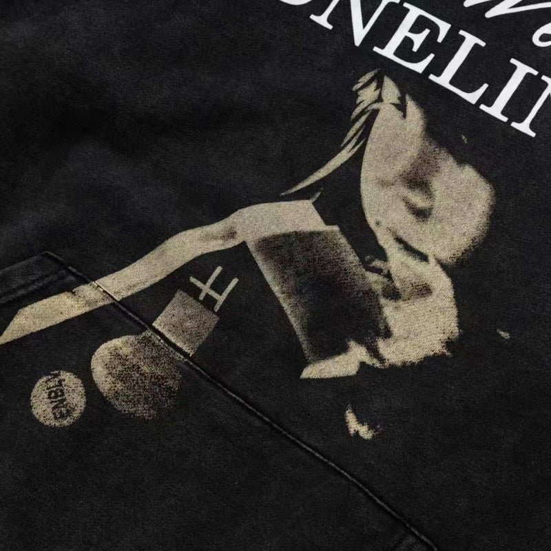 ERD Hoodie Two-Side Retro Letter Portrait Washed Oversized Hoodie