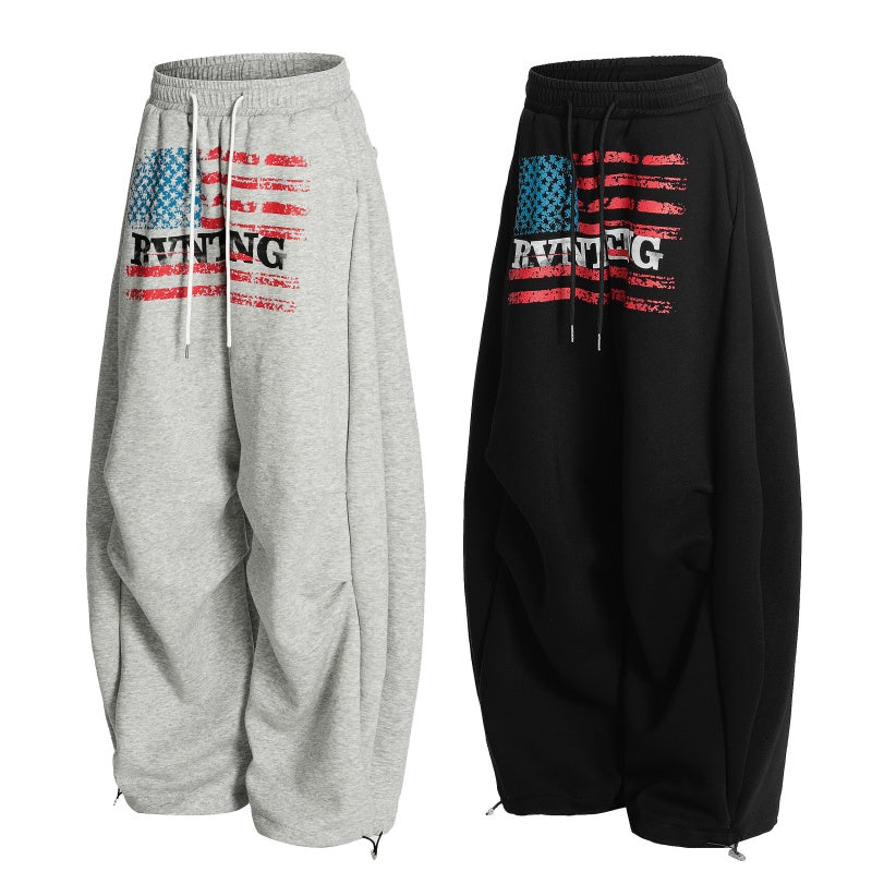 American-style streetwear harem pants Distressed Flag Print Wide Sweat Bottoms