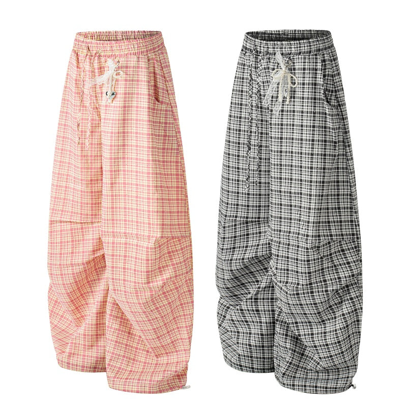 American-style streetwear harem pants Plaid Bow Tie Ruched Curved Bottoms