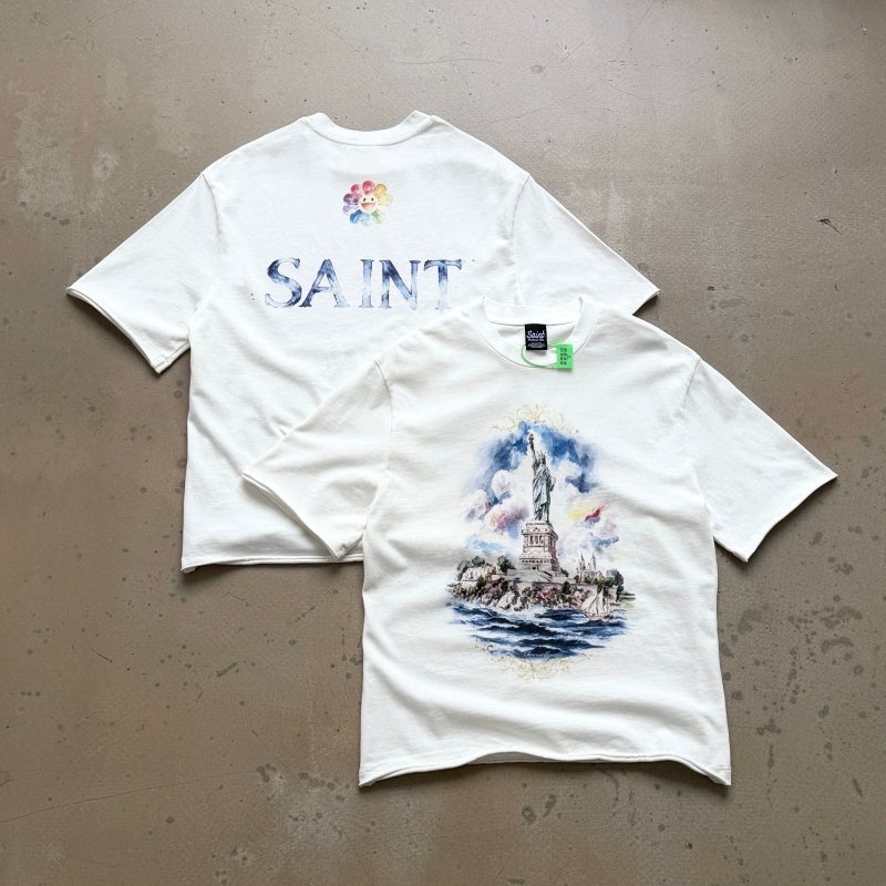 Unisex Vintage T Shirts SAINT MICHAEL × Takashi Murakami Collaboration: "Statue of Liberty" Oil Painting Graphic (Limited Edition). Features heavyweight 320g fabric (retaining its weight after washing) and authentic vintage construction with single-s