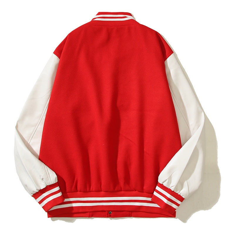 American-style baseball jacket Travis Scott Unisex Loose-Fit Varsity Jacket with Leather Sleeves and Terry Cloth Embroidery – Fall/Winter Casual Style