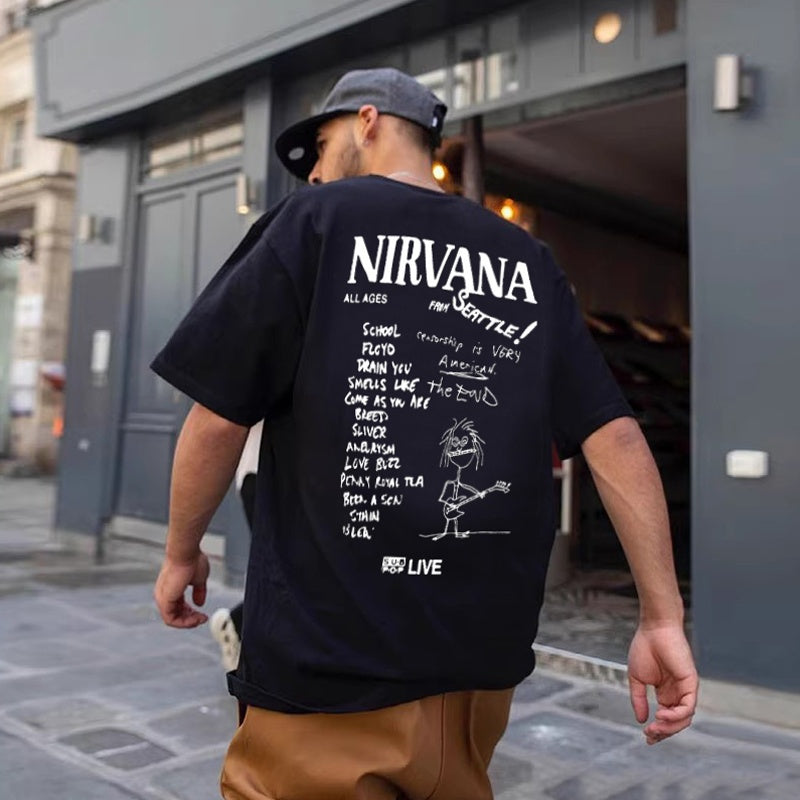 Mens T-shirt Vintage American-style trendy brand vintage rock Nirvana hand-drawn graffiti design