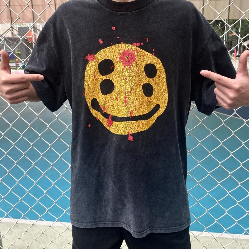 Unisex Vintage T Shirts SAINT MICHAEL x CHO "Broken Smiley" Limited Edition – Heavyweight High-Street Retro Style