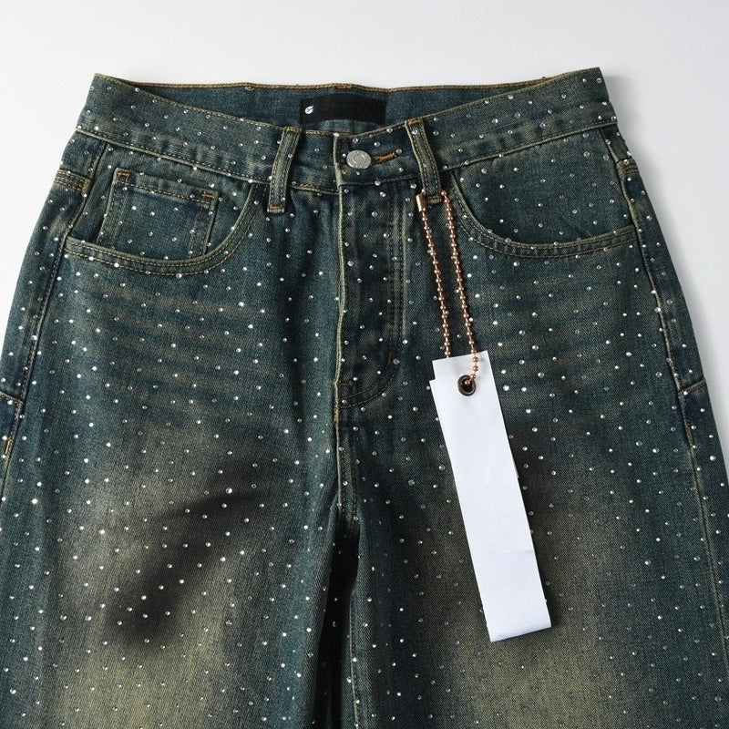 Purple brand Jeans High-quality pure cotton streetwear trousers Rhinestone-embellished loose straight-leg trousers