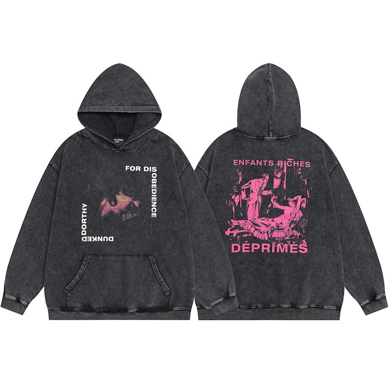 ERD Hoodie Retro Stone Wash Hooded Layer Vertical Letter Motif & Back Magenta Artwork