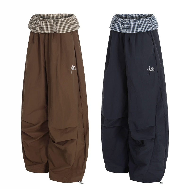 American-style streetwear harem pants Contrast Check Waistband Loose Parachute Pants