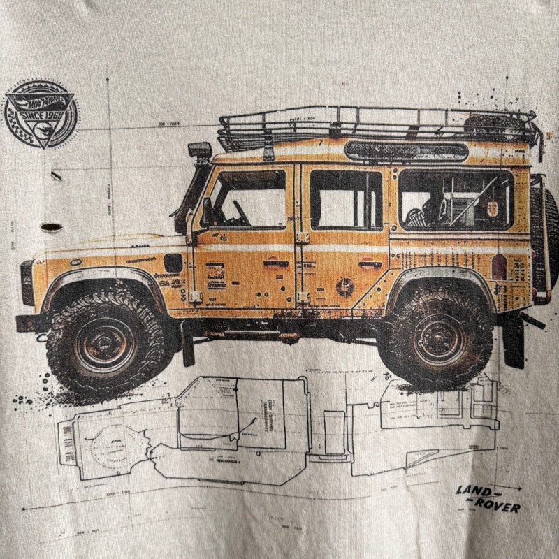 Unisex Vintage T Shirts Saint x Hot Wheels x Land Rover Defender three-way collaboration: featuring a "lid-and-base" style collar construction with single-needle stitching, a special enzyme-abrasion and vintage-wash finish, direct-to-garment white in
