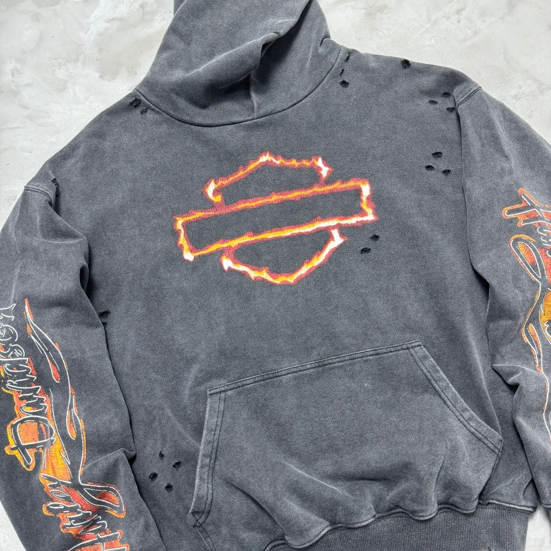 Unisex Vintage Hoodie Harley-Davidson "West Coast Flames & Cross" Limited Edition Distressed Hoodie — featuring multi-area handcrafted distressing and heavy-duty enzyme-washed, faded finish.