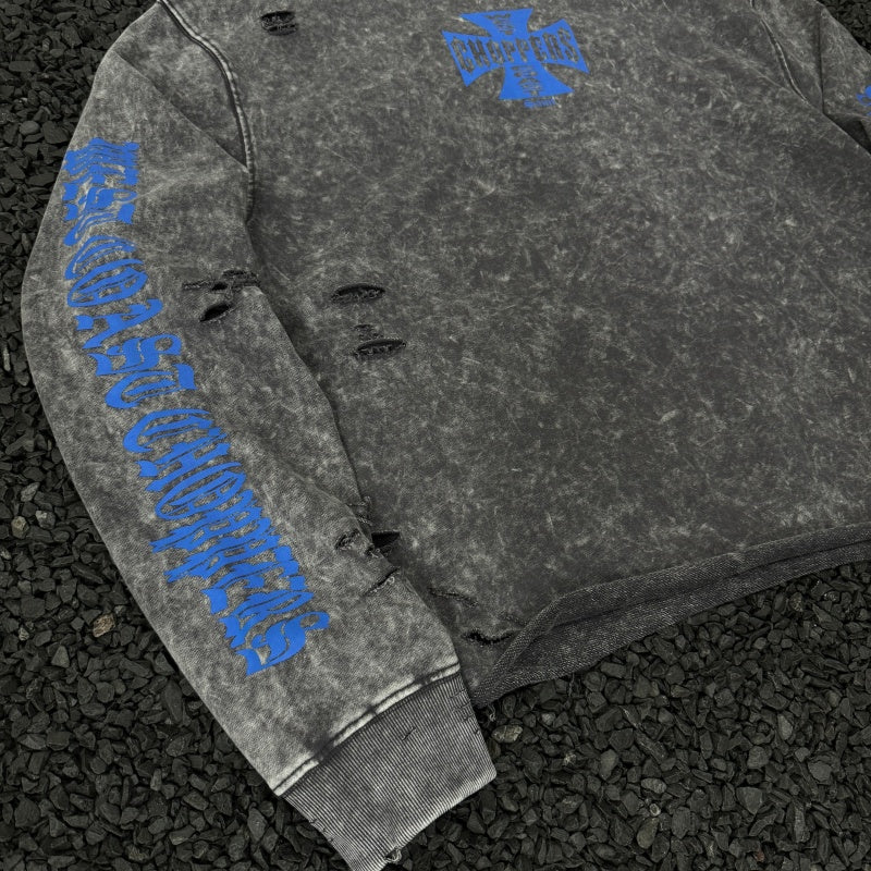 Unisex Vintage sweatshirt West Coast Biker "Blue Cross" Limited Edition Crewneck Sweatshirt – Heavyweight, Washed & Distressed Finish